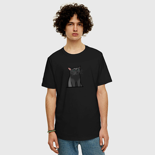 Мужская футболка оверсайз Разочарованный кот / Черный – фото 3