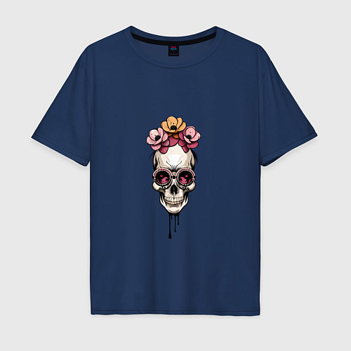 Мужская футболка оверсайз Череп и цветы / Тёмно-синий – фото 1