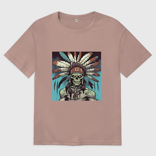 Мужская футболка оверсайз Индеец зомби с перьями на голове / Пыльно-розовый – фото 1