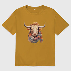 Футболка оверсайз мужская Бык в шарфе осень, цвет: горчичный