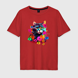 Мужская футболка оверсайз Котик в цветах - нейросеть