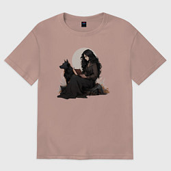 Мужская футболка оверсайз Фентези девушка с волком читает книгу