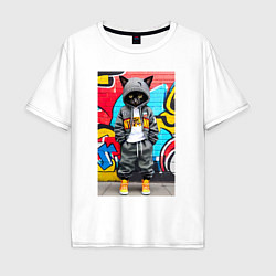 Мужская футболка оверсайз Уличный котёнок хулиган на фоне граффити - нейросе