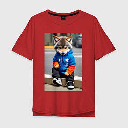 Футболка оверсайз мужская Уличный волчонок-хулиган - нейросеть, цвет: красный