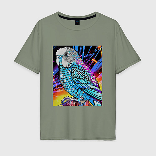 Мужская футболка оверсайз Волнистый синий попугай / Авокадо – фото 1