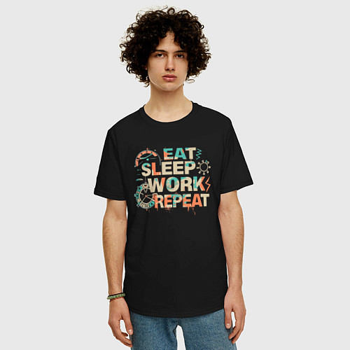 Мужская футболка оверсайз Eat sleep work repeat / Черный – фото 3