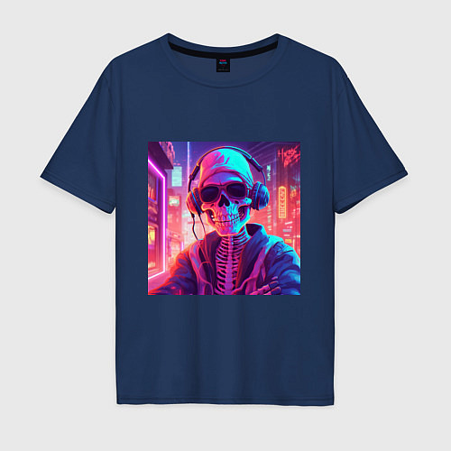Мужская футболка оверсайз Скелет в шапке / Тёмно-синий – фото 1