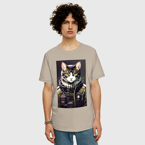 Мужская футболка оверсайз Крутой кот - киберпанк - нейросеть / Миндальный – фото 3