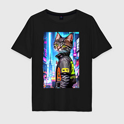 Мужская футболка оверсайз Котёнок в мегаполисе - нейросеть
