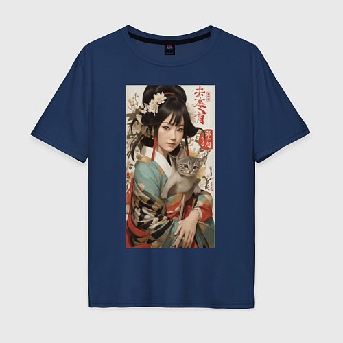 Мужская футболка оверсайз Японская девочка в кимоно с котенком / Тёмно-синий – фото 1