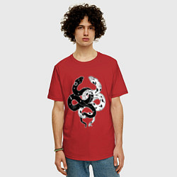 Футболка оверсайз мужская Змеи инь и янь - черное белое, цвет: красный — фото 2