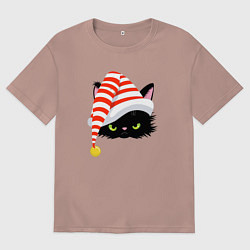 Футболка оверсайз мужская Новогодний черный кот в новогоднем колпаке, цвет: пыльно-розовый