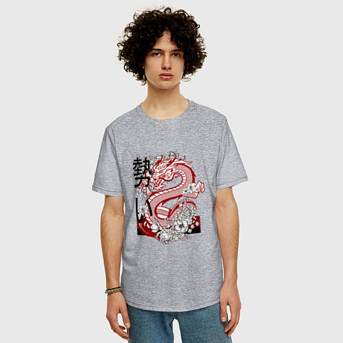 Мужская футболка оверсайз Татуировка с японским иероглифом и драконом / Меланж – фото 3