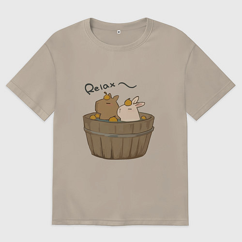 Мужская футболка оверсайз Милая капибара с зайчиком и апельсинкой / Миндальный – фото 1