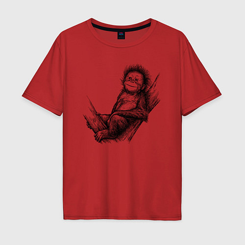 Мужская футболка оверсайз Гиббон малыш на дереве / Красный – фото 1