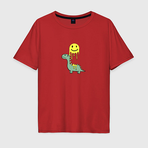 Мужская футболка оверсайз Мультяшный динозавр и стекающий смайлик / Красный – фото 1