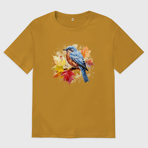 Мужская футболка оверсайз Птичка и осенние листья / Горчичный – фото 1