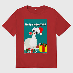 Мужская футболка оверсайз Лама - альпака Санта Клаус на коньках