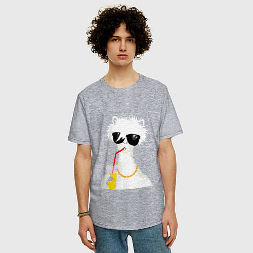 Мужская футболка оверсайз Лама - альпака с бокалом / Меланж – фото 3