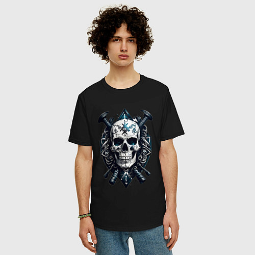 Мужская футболка оверсайз Татуированный череп викинга / Черный – фото 3