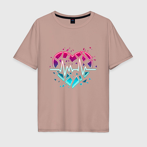 Мужская футболка оверсайз Неоновое разбитое сердце с линией пульса / Пыльно-розовый – фото 1