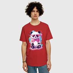 Футболка оверсайз мужская Милая панда в розовых очках и бантике, цвет: красный — фото 2