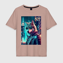 Мужская футболка оверсайз Крутой волчара в ночном Нью-Йорке