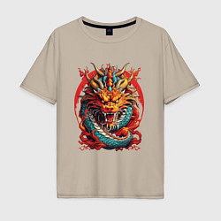Футболка оверсайз мужская Китайский дракон в огне, цвет: миндальный