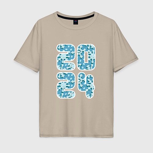Мужская футболка оверсайз 2024 цифры со снежинками / Миндальный – фото 1