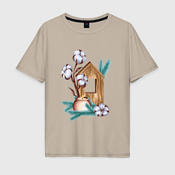 Мужская футболка оверсайз Деревянный домик со свечой, хлопком и еловыми ветк