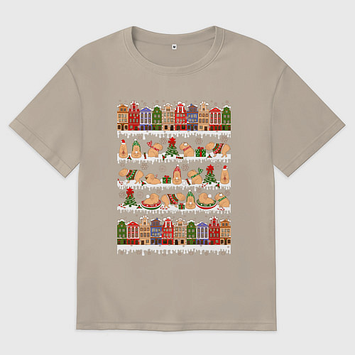 Мужская футболка оверсайз Капибара зимой на Новый год / Миндальный – фото 1