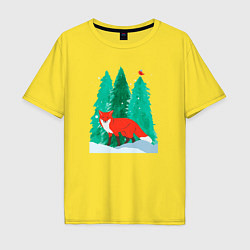 Футболка оверсайз мужская Лиса в лесу и птичка, цвет: желтый