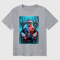 Футболка оверсайз мужская Медведь на кибер троне - нейросеть, цвет: меланж