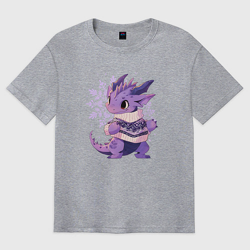 Мужская футболка оверсайз Фиолетовый дракон в свитере / Меланж – фото 1