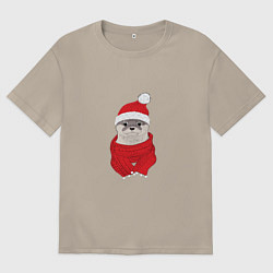 Футболка оверсайз мужская Выдра в красной шапочке и шарфике, цвет: миндальный