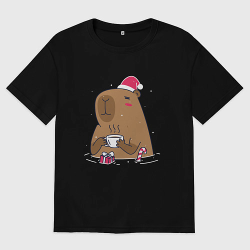 Мужская футболка оверсайз Новогодний капибара / Черный – фото 1
