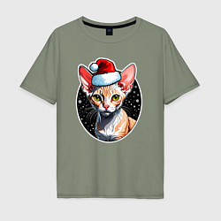 Мужская футболка оверсайз Кот породы Девон-рекс в новогодней шапке
