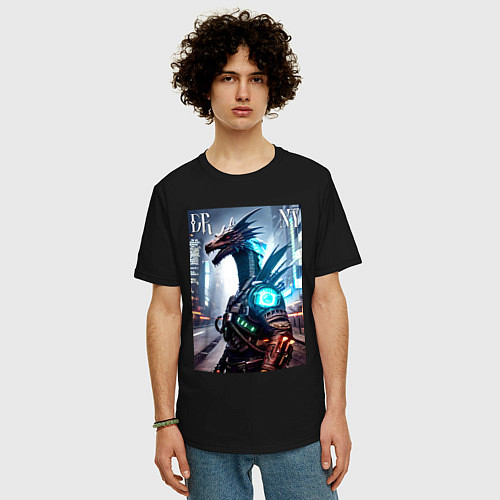 Мужская футболка оверсайз Cool dragon - cyberpunk - ai art / Черный – фото 3