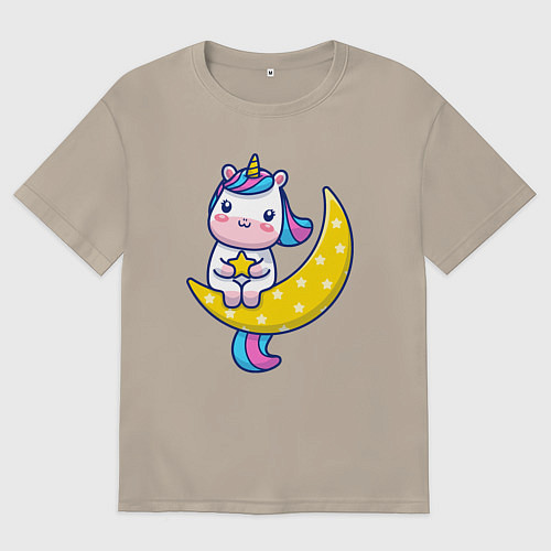 Мужская футболка оверсайз Единорог на луне / Миндальный – фото 1