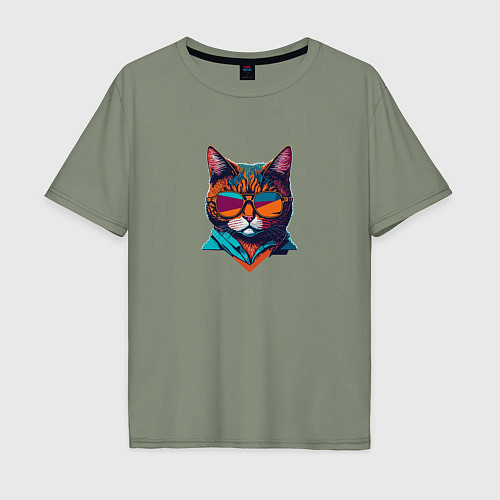 Мужская футболка оверсайз Модный кот в очках / Авокадо – фото 1