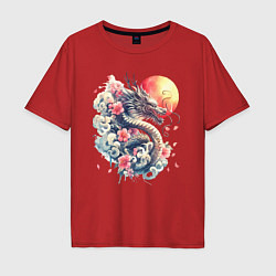 Футболка оверсайз мужская Японский дракон на фоне солнца и цветки сакуры, цвет: красный