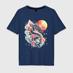 Мужская футболка оверсайз Японский дракон на фоне солнца и цветки сакуры