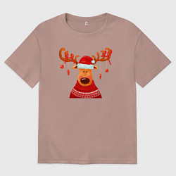 Футболка оверсайз мужская Новогодний олень в свитере, цвет: пыльно-розовый