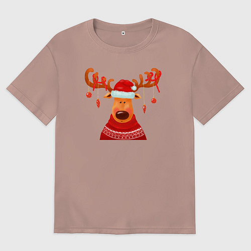 Мужская футболка оверсайз Новогодний олень в свитере / Пыльно-розовый – фото 1