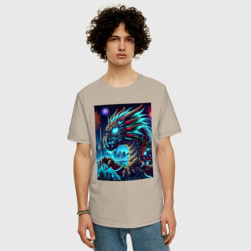 Мужская футболка оверсайз Cyber dragon - ai art neon / Миндальный – фото 3