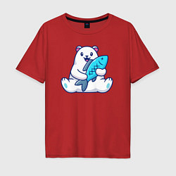 Футболка оверсайз мужская Белый медведь с рыбой, цвет: красный