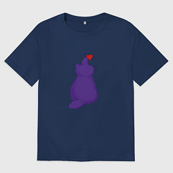 Футболка оверсайз мужская Котик играет с сердецком, цвет: тёмно-синий