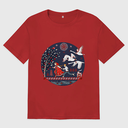 Мужская футболка оверсайз Сказка Гуси - лебеди в стиле мезенской росписи / Красный – фото 1
