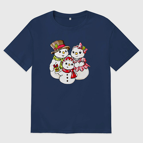Мужская футболка оверсайз Снеговики семья / Тёмно-синий – фото 1