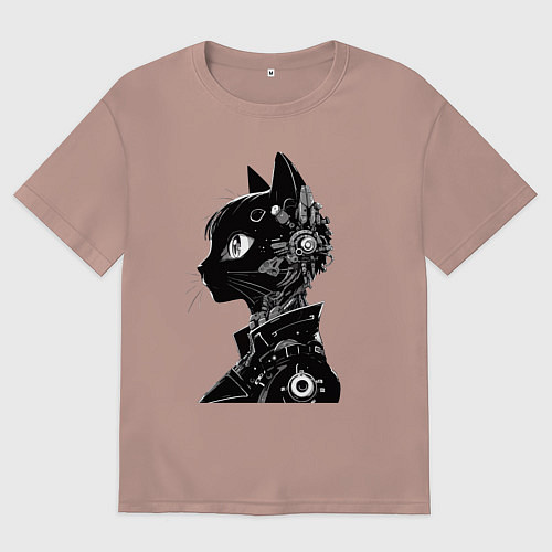Мужская футболка оверсайз Кибер кошечка - аниме / Пыльно-розовый – фото 1